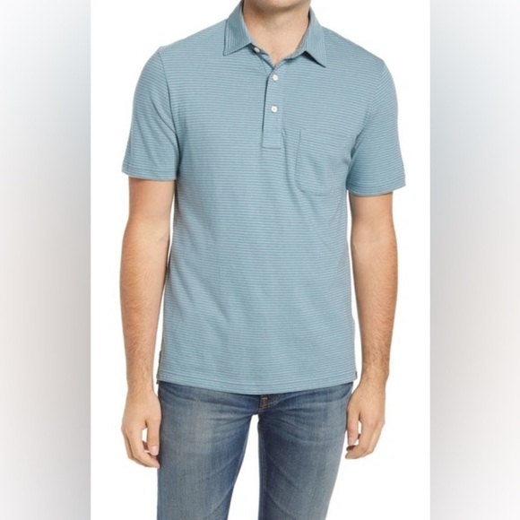 Faherty Isle Feeder Stripe Short Sleeve Polo Shirt In Navy/ Teal Sz L - Picture 1 of 8